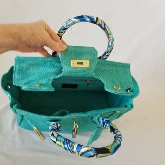 NWOT! Woven Jute Tote Handbag Purse with Scarf Handle and Lockable Front Straps - Picture 7 of 14